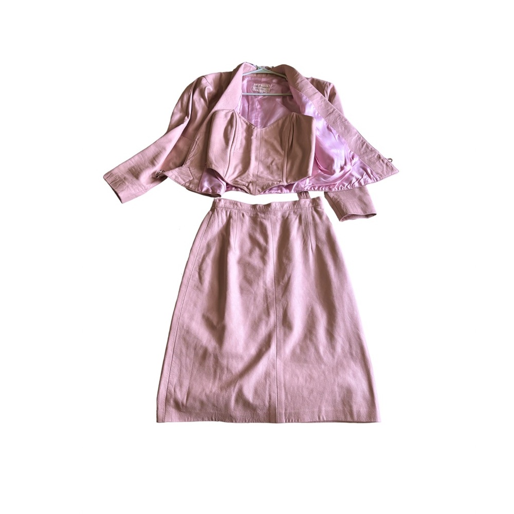 Vintage Three Piece Pale Pink Leather Set Corset Skirt and Jacket
